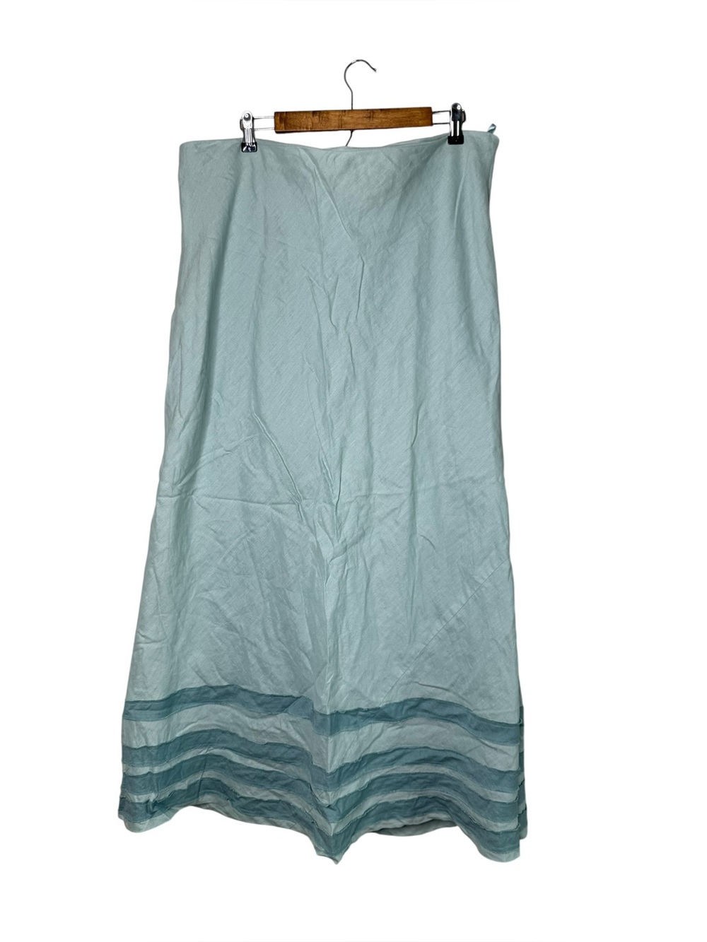 Boden 100% Linen Blue Green Teal Maxi Skirt Tiered Stripes Modest Minimalist